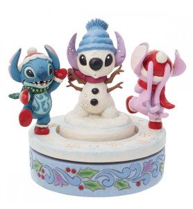 Figura Decorativa Enesco Disney Stitch Y Angel Con Muñeco De Nieve Rotativo