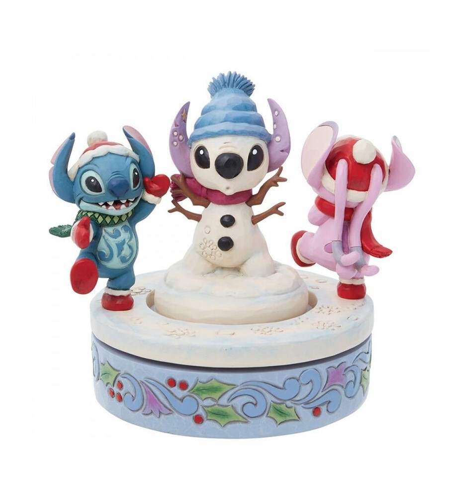 Figura Decorativa Enesco Disney Stitch Y Angel Con Muñeco De Nieve Rotativo