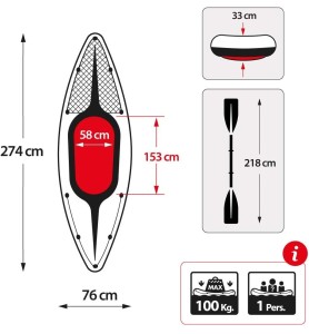 Intex 68305 -  Kayak K1 Deportivo Inflable 1 Persona Max 100 Kg Pvc 274 X 76 X 33 Cm